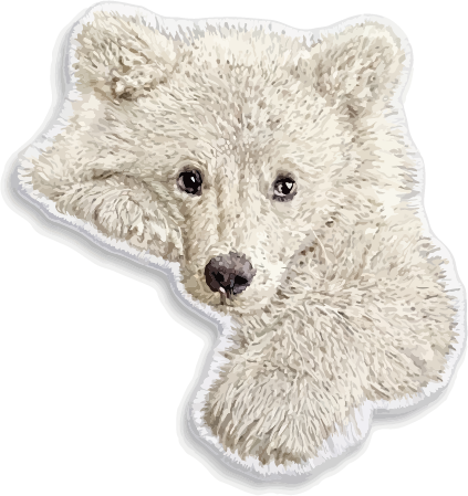 A die-cut sticker or patch featuring a close-up illustration of a white bear's face and front paw, shown on a plain white background.